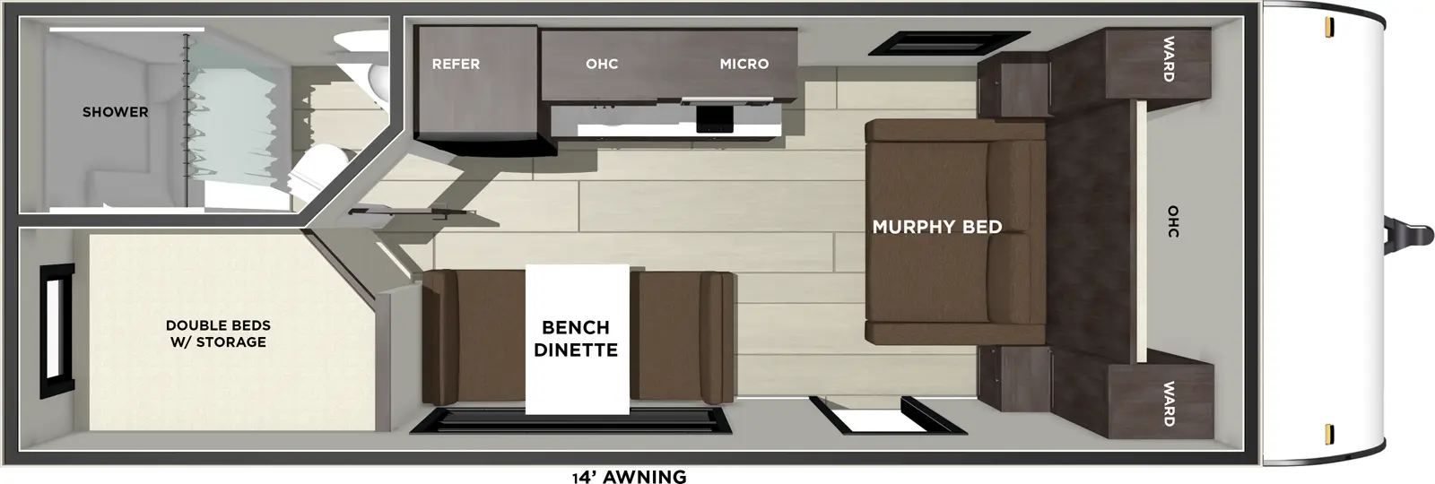 The Wildwood FSX 179DBK floorplan has one entry and zero slide outs. Exterior features include: fiberglass exterior and 14' awning. Interiors features include: bunk beds, front bedroom, murphy bed and front living.